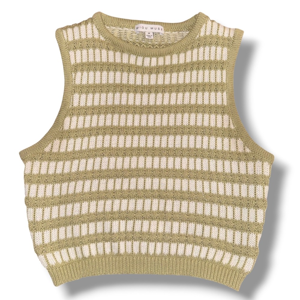 Miou Muse Sweater Vest Womens Medium Sage Green Striped Textured Knit T3422ST